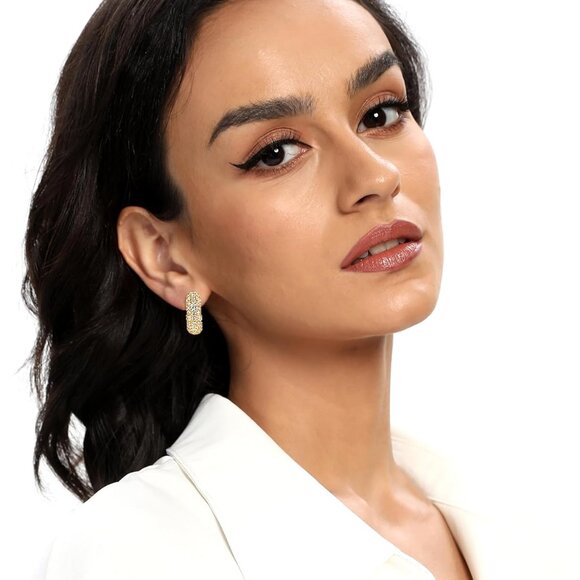 Yellow Gold C-Shape Cubic Zirconia Stud Earrings with Sparkle & Hypoallergenic F - Picture 6 of 7